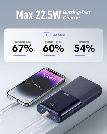 МАг, 20 Вт PD, USB C, LED-дисплей, 4 виходи, 3 входи, сумісний з iPhone/Samsung, 30000