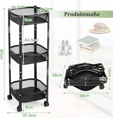 Візок складний COSTWAY, 3 полиці, металеві, на коліщатках, для кухні, ванної кімнати, офісу, 38x38x87 см, чорний
