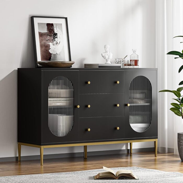 Буфет-комод FirFurd 120 см білий/чорний з робочою поверхнею та 3 ящиками | Кухонний буфет для кухні, вітальні, їдальні