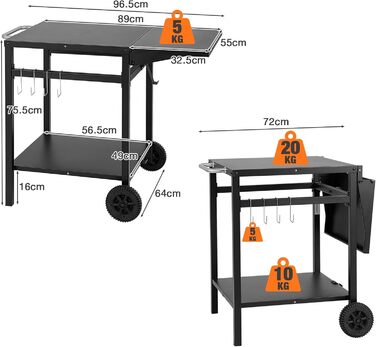 Стіл для грилю GIANTEX з відкидною робочою поверхнею, на коліщатках, з 2 полицями та 4 гачками, металевий, чорний