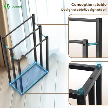 Підставка для рушників VOUNOT® на підлозі, металева, 3 стійки, чорна, 3 рівні