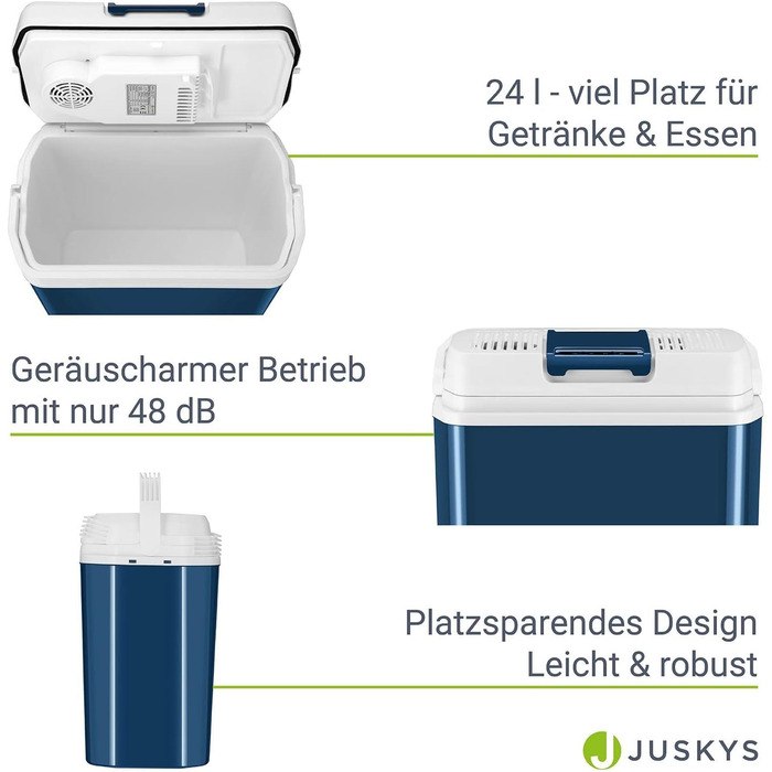 Електричний охолоджувач Juskys 24 літри 12 В / 230 В для легкового автомобіля, вантажівки, будинку на колесах, кемпінгу - Міні-холодильник холодний і гарячий - Термоелектричний бокс - синій 24 л синій