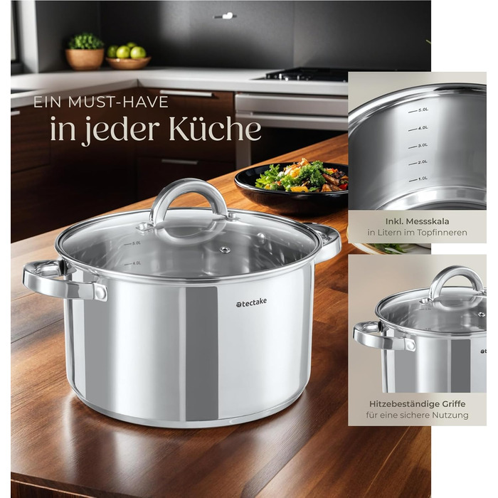 Набір каструль tectake® 15 предметів: каструлі, сковорідки з нержавіючої сталі з кришками, для плити (індукційна, газова, електрична), для кемпінгу та дому