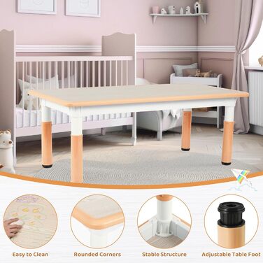 Дитячий стіл з 6 стільцями: комплект для дитячого садка та кімнати, регульована висота, пластикові меблі, жовтий