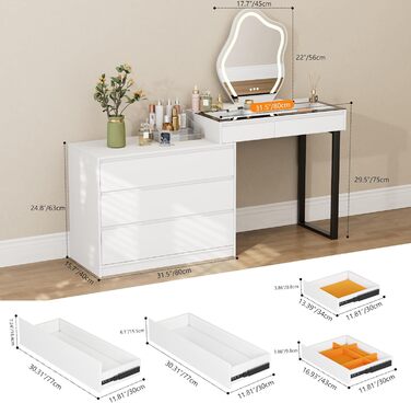 Тюль для макіяжу BROTTAR з регульованою LED-підсвіткою, туалетний столик зі дзеркалом, тумбочка з 5 висувними ящиками, кутовий туалетний столик, L-подібний, кутовий туалетний столик зі скляною стільницею, білий, стиль A