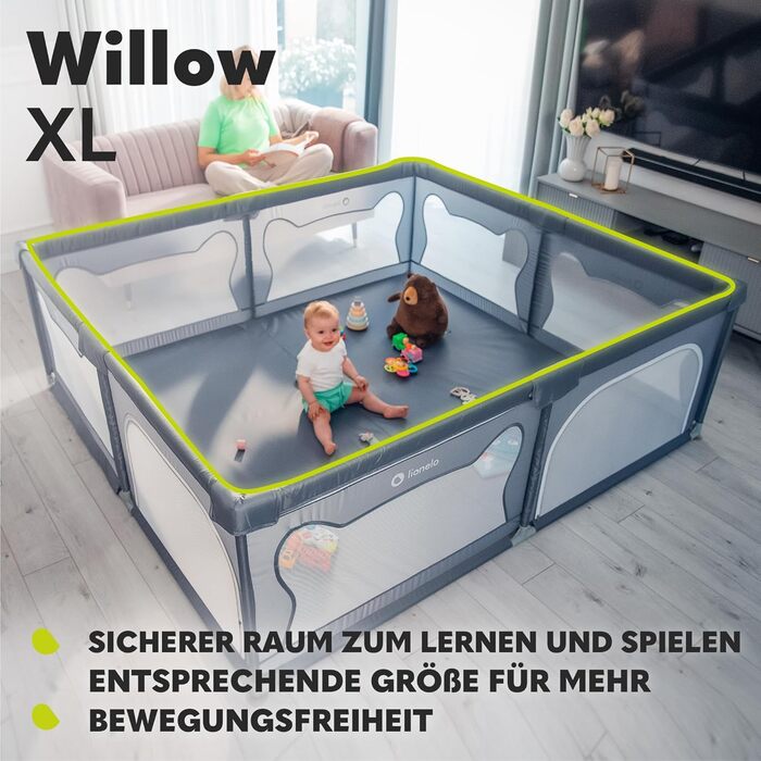 Дитячий манеж LIONELO WILLOW Beige XL, 187x207x68 см - велика площа, сітчасті стінки