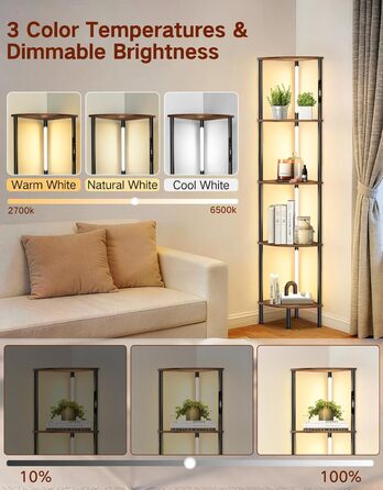 Світлодіодна торшер-полиця з регульованою яскравістю та кольором, пульт ДУ, 5 полиць, кутова, для вітальні, спальні, офісу (Rustikales Braun)