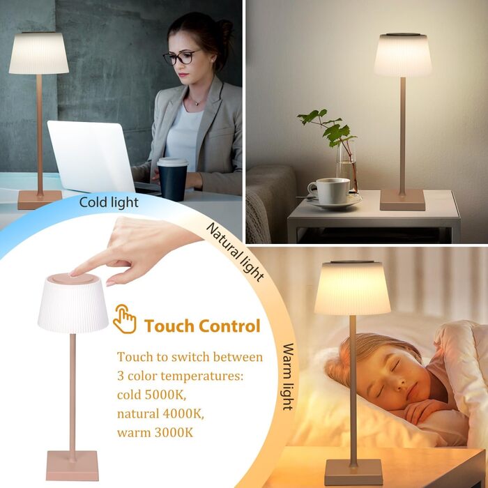 Aigostar LED акумуляторна настільна лампа бездротова, торшер з сенсорним керуванням, 3 режими кольору, IP54 вологозахист, для дому та саду (Світло-коричневий)