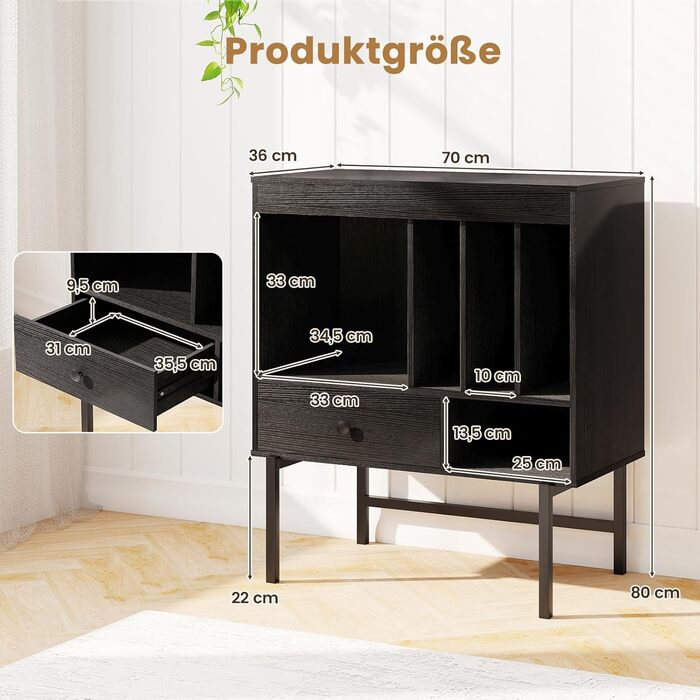 Підставка для програвача COSTWAY з місцем для зберігання вінілу, з відкритими полицями, тримачами для платівок та ящиком, дерев'яний тумбочка для музичної кімнати та вітальні, 70 x 36 x 80 см (білий/чорний)