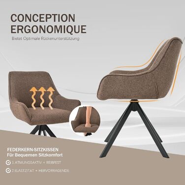 Обідні крісла поворотні 6 шт. з підлокітниками – 360° обертання, м'яке крісло з льону, сучасний поворотний стіл для кухні з металевим каркасом та спинкою для їдальні, вітальні, офісу, коричневий. 6 шт.