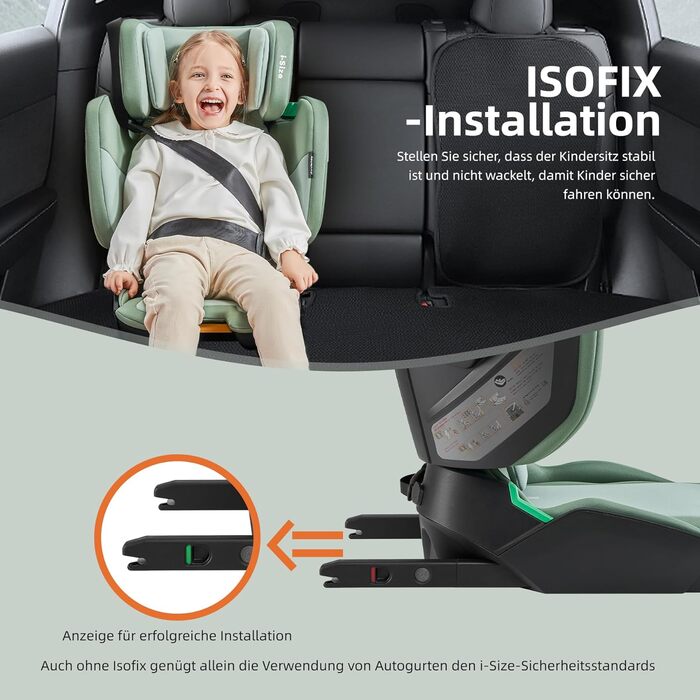 Складне дитяче автокрісло Jovikids з ISOFIX, дитячі автокрісла i-Size R129 приблизно 3-12 років (100-150 см), бустер зі спинкою, підходить для подорожей (зелений)