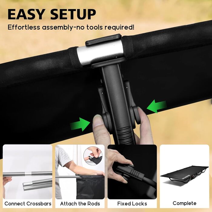 Польове ліжко для кемпінгу Ultraleicht, складане розкладне ліжко для відпочинку на природі та дому, максимальне навантаження 160 кг, чорне