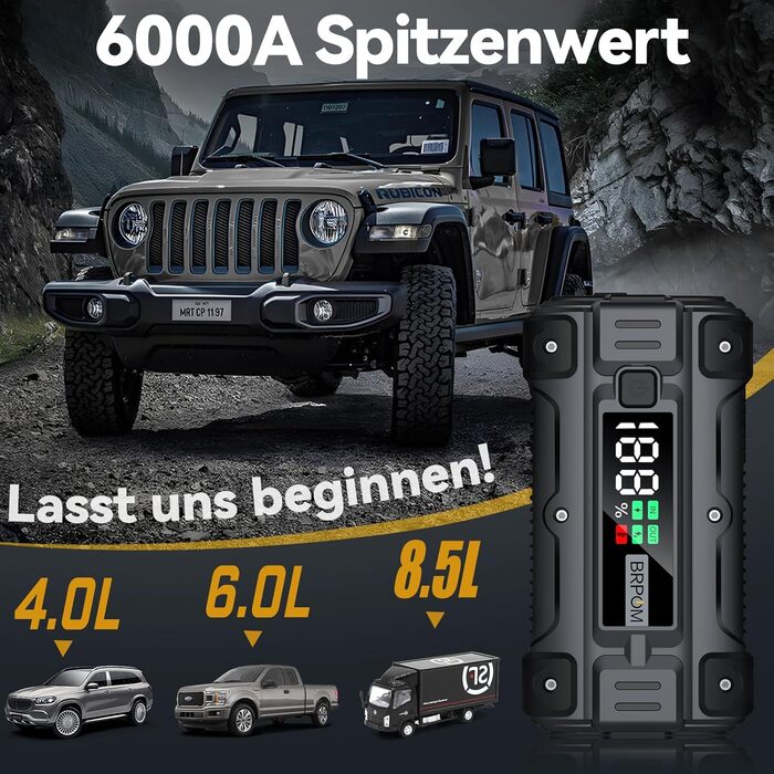 Powerbank для запуску авто BRPOM 6000A 12V: запуск бензинових та дизельних двигунів, LED-ліхтарик, екран, бустер для авто, мото, газонокосарки