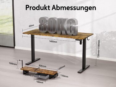 Регульований стіл WALKINGDESK для дому та офісу: електричний, з шухлядами, 140x60 см, рустикальний коричневий