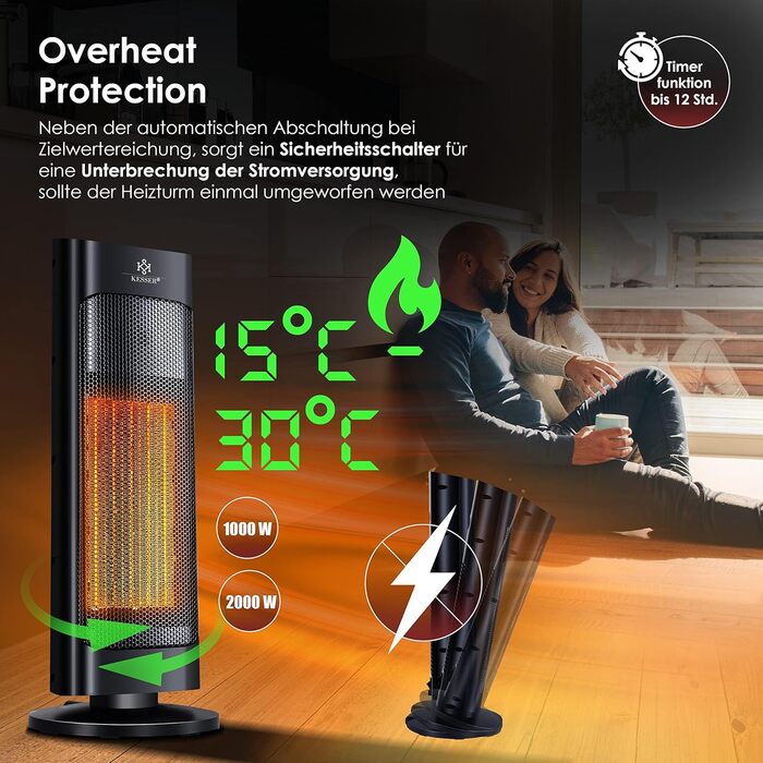 Обігрівач KESSER® 2000W з пульт дистанційного керування, керамічний, тихий, з осциляцією, таймером, 15-30°C, чорний