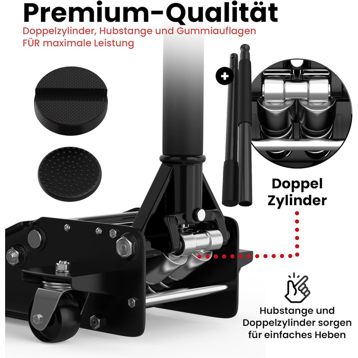 Гідравлічний домкрат 3T низькопрофільний 75-505мм з гумовими накладками для легкових авто та SUV – професійний, поворотний на 360° (Чорний)