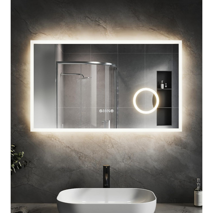 Дзеркало для ванної кімнати зі підсвічуванням SVNR, 70 x 50 см, LED, з 4 мм дзеркалом без вмісту міді, подвійне сенсорне керування, антизапарник, регулювання кольору світла (3000K-6400K), Smart-дзеркало з лупою 5x та розеткою для гоління