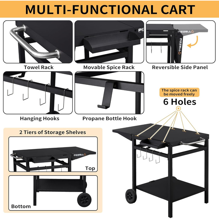 Гриль-візок PIZELLO з підготовчою станцією: візок для гриля, піца-стіл, сервірувальний візок з коліщатками, гачки, ручка, трансформована робоча поверхня, чорний