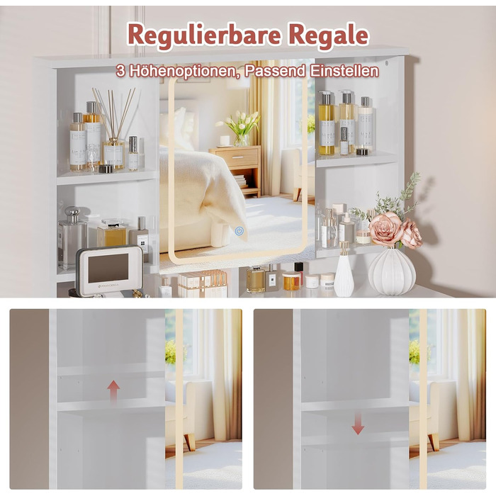 Трюмо JUMMICO з LED-підсвічуванням, дзеркалом та гачками для прикрас, 2 шухляди, 4 відкриті полиці, білий колір