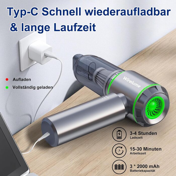 Акумуляторний ручний автомобільний пилосос 4 в 1, бездротовий міні-пилосос 22000 Па, потужний циклонний прибирання, 3 режими потужності, портативний для авто та шерсті тварин (Сріблястий)