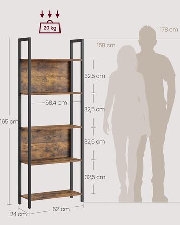 Стелаж VASAGLE з 5 полицями для книг, кухні, офісу, 24 x 62 x 165 см, vintagebraun-tintenschwarz, LLS025B01