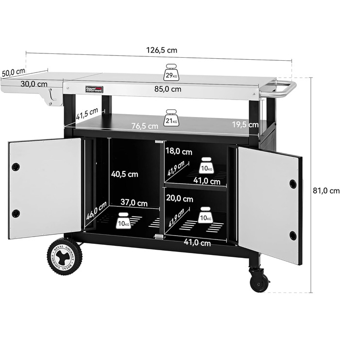 Royal Gourmet Grillwagen: гриль-візок з відкидним столиком, шафкою та нержавіючою сталевою поверхнею