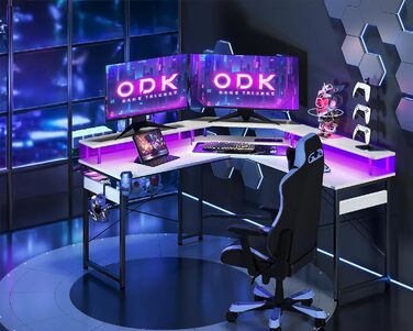 Ігровий стіл ODK 129x129 см з LED підсвіткою, 2 розетки та 2 USB, для ПК та комп'ютера, білий