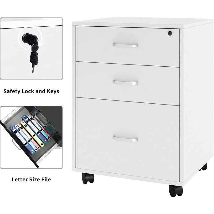 Шафа для документів SDHYL з 3 висувними ящиками на колесах, верхній ящик з замком, великий об'єм, для дому та офісу (Біланко)