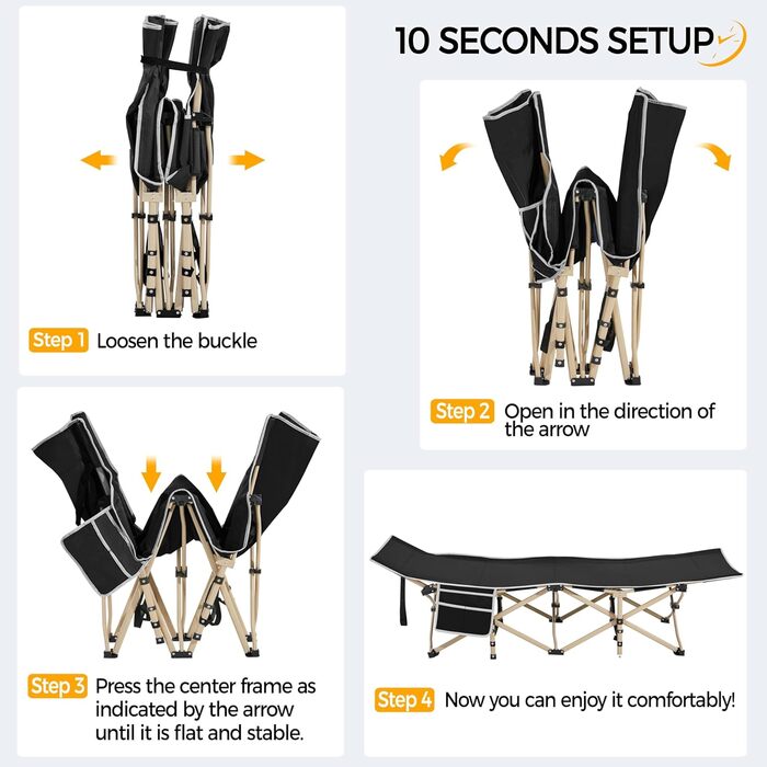 Розкладне ліжко для кемпінгу Yaheetech, похідна шезлонг-ліжка з кишенею та сумкою для транспортування, витримує до 150 кг, чорне