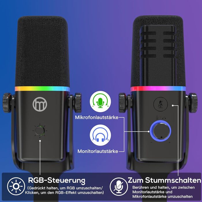 Динамічний XLR/USB мікрофон для геймінгу, подкастів, ПК, телефону, стрімінгу з RGB-підсвіткою, кнопкою вимкнення звуку, підсиленням, підставкою, для співу та YouTube