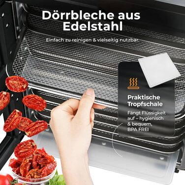 Електрична сушарка для фруктів та овочів Balter з нержавіючої сталі, 12 ярусів, 1100 Вт, 70 л, 12000 см² поверхні сушіння, BPA-free, 35–75 °C, таймер до 72 год, 2 камери