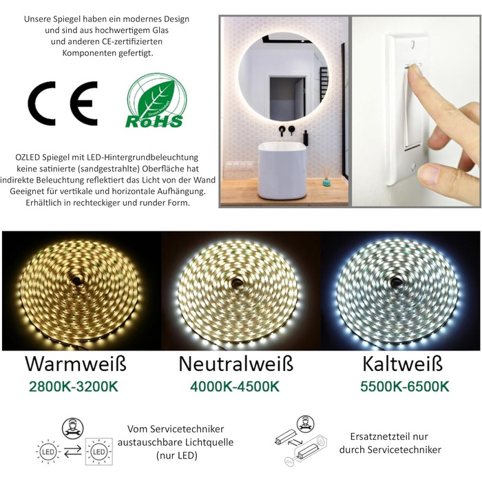 Круглий дзеркало Ramix з LED підсвічуванням, настінний, для ванної кімнати, 50 см, тепле біле світло