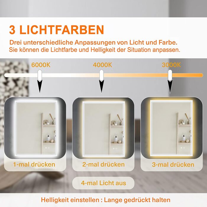 Дзеркало для ванної кімнати Puchika з підсвічуванням LED, 50x70 см, настінне, регульоване, тепле/холодне/нейтральне світло 3000-6400K, IP44, сенсорне керування, антизапар, годинник