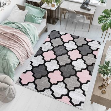 Дитячий килимок TAPISO Pinky з низьким ворсом, білий пастель, геометричний, KOTEX, 160x220 см, сірий рожевий