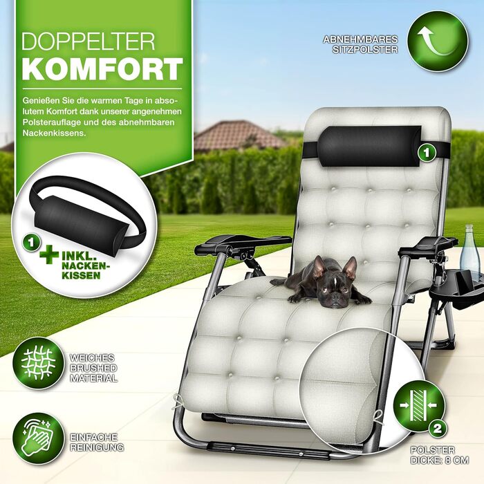 Розкладний шезлонг Tillvex® для саду та відпочинку на вулиці | Максимальне навантаження 200 кг, регульована спинка, товсте положення, подушка для шиї | Для балкона, саду та тераси | Бежевий колір