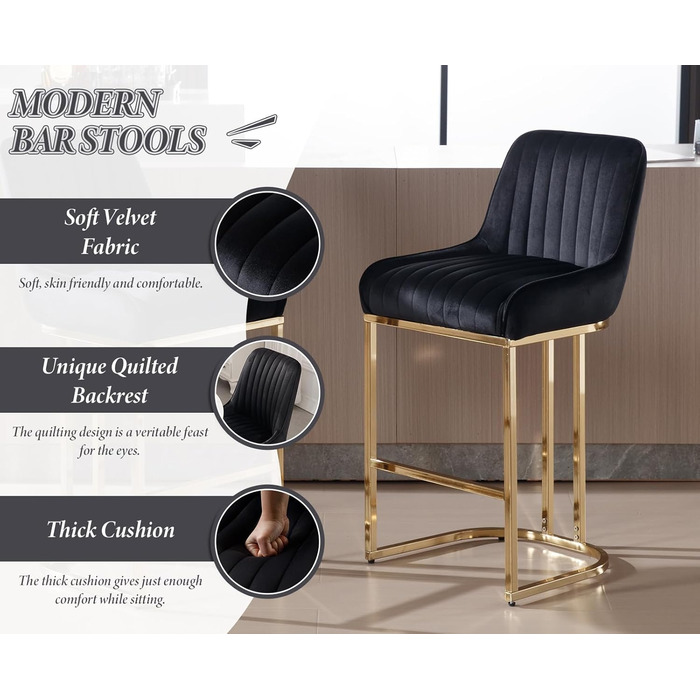 Набір з 2 барних стільців з велюру з золотистими металевими ніжками, м'яке сидіння, зі спинкою, без підлокітників для кухонної зони/домашнього бару (Чорний)