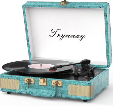 Вініловий програвач Trynnay 3-швидкісний Bluetooth, портативний ретро програвач у валізі з вбудованими динаміками, покриття зі штучної шкіри, синій