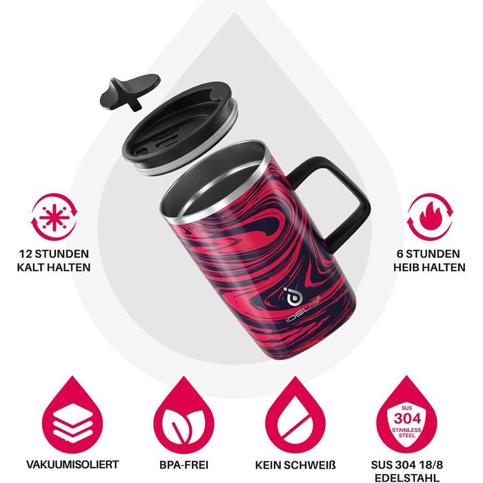 Кружка для кави та чаю Ideus® 470 мл з подвійними стінками, з нержавіючої сталі, з антиковзним руків'ям та кришкою-модулем, великий об'єм (Червоно-зебра)