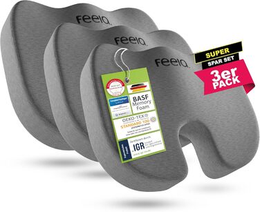 Ортопедична подушка для сидіння Feela® [3 ступені жорсткості] - Ергономічна подушка для офісного крісла та ін. - Зменшує біль, підвищує комфорт, розвантажує куприк (3 шт., Medium) (М'яка (50-80 кг), Темно-сірий, 3 шт.)