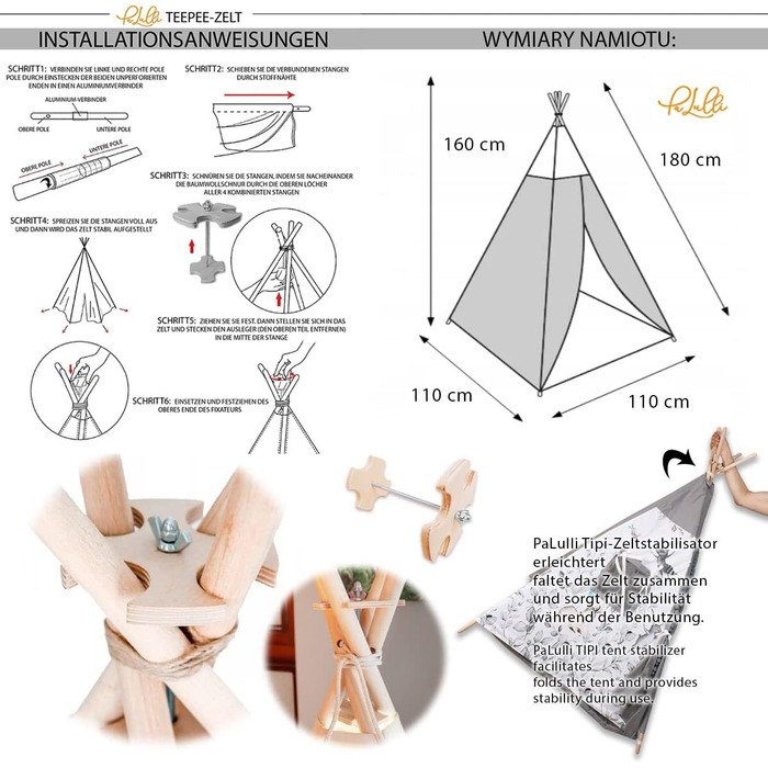 Дитяче намет PaLulli® Tipi з бавовни, матрац, система стабілізації, ліхтар та декоративні подушки (сірий)