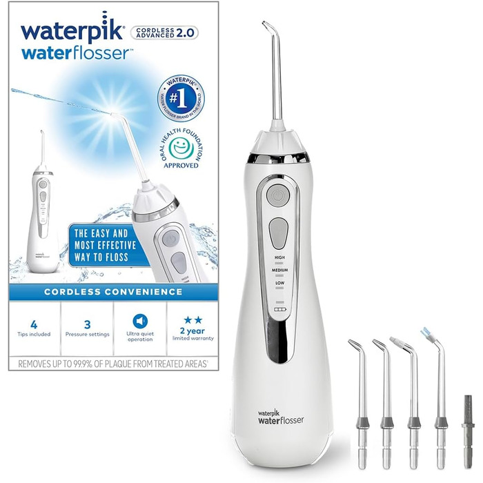 Waterpik Advanced Бездротова Іригатор для Рота, Іригатор для Рота з Преміум-Якістю, 4 Насадки, 3 Режими, Білий