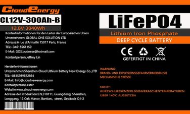 Акумулятор LiFePO4 Cloudenergy 12,8 В 300 Ач, 100 А BMS, 6000 циклів, 10 років, для автономної мережі, дому, автофургону