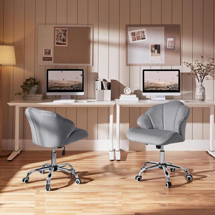 Крісло для дому та офісу Yaheetech, крісло для макіяжу, офісне крісло з регулюванням висоти, поворотне, з м'якою спинкою у формі мушлі, на коліщатках, з велюру, до 136 кг, білий (світло-сірий)