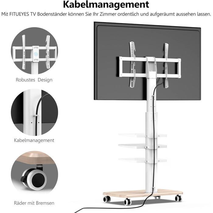 Підлогова підставка для телевізора FITUEYES Rollbar з дерев'яною полицею, регульована по висоті, від 32-70 до 40 кг, біла