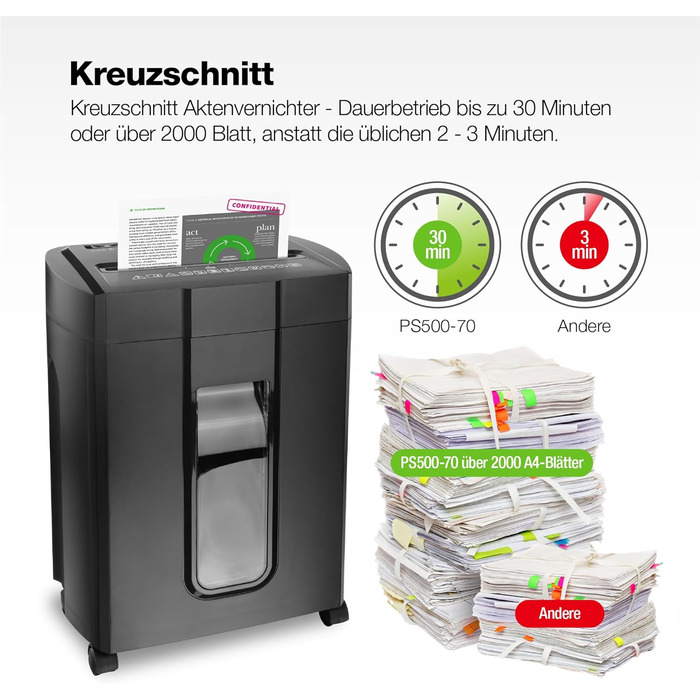 Шредер для паперу Peach Partikelschnitt PS500-70: 16 листів, 18 літрів, P-4, 30 хв безперервної роботи, 2000 аркушів, DSGVO, 4 x 38 мм