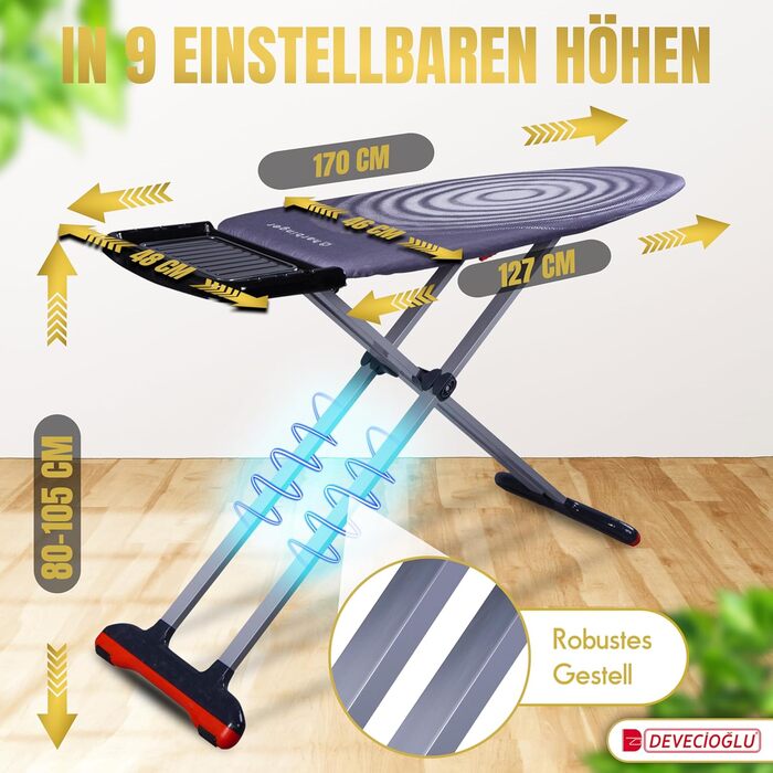 Прасувальна дошка DEVEÇİOĞLU 50-80 см з чохлом 36x114 см для парогенераторів, складна | Прасувальна дошка як стіл (Mm126)