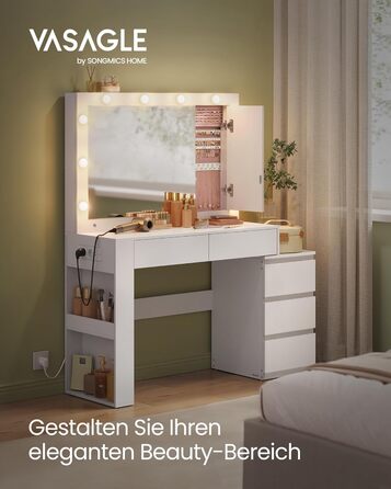 Трюмо VASAGLE з LED-підсвічуванням, дзеркалом та ящиками, 40 x 125 x 140 см, сучасний дизайн, колір