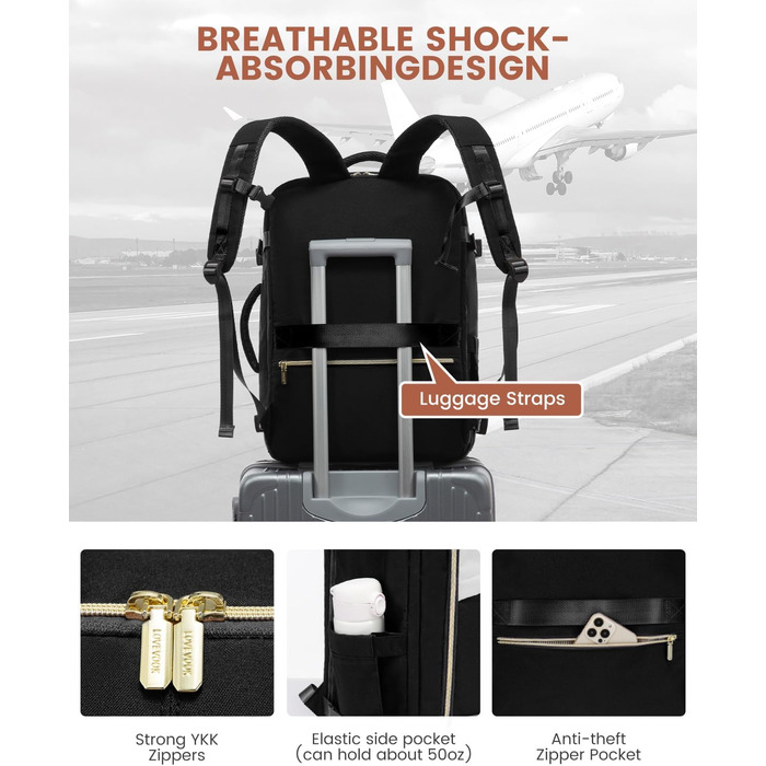 LOVEVOOK Рюкзак для ручної поклажі, дорожній рюкзак для жінок, водонепроникний, з відділенням для взуття, 17-дюймовий ноутбук, рюкзак для подорожей, 40L, 45x36x20, чорний