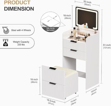 Трюмо Lvifur з LED-дзеркалом та 3 висувними ящиками, кутовий, для спальні, квартири, гуртожитку, білий