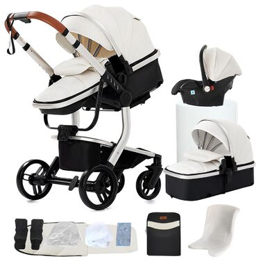 Дитяча коляска NADDLILY 3 в 1 з PU-шкіри, Buggy з регульованим сидінням, обертання на 360°, Kombikinderwagen, складана, портативна, комплект, висока посадка (906 Brown), комплект B518 White+Changing Bag, модель 3 в 1-B518+Changing Bag